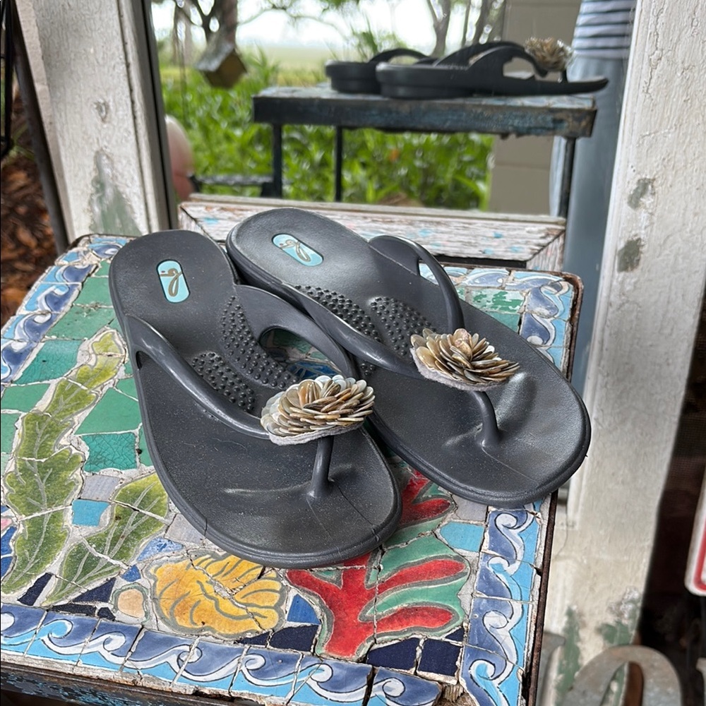 Stylish OKAb dark gray Flip-Flops with Floral shell Accent